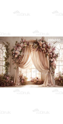 Tło fotograficzne „Romantyczne kwiatowe okno z zasłonami” | E_793